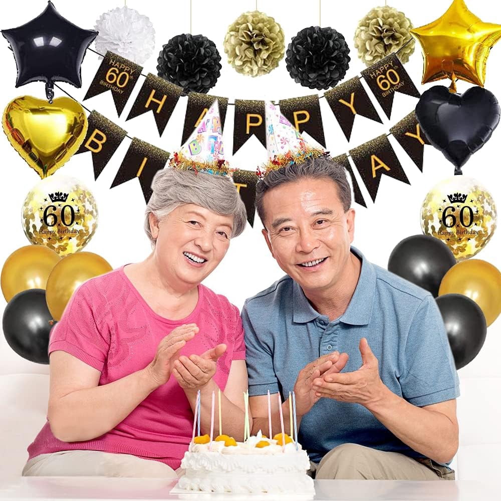 60th Birthday Decorations for Men Women, Black Gold Party Decorations Supplies Balloon Garland Arch Kit with Happy Birthday Banner Tassels Confetti Balloon Number 60 Birthday Wedding Anniversary