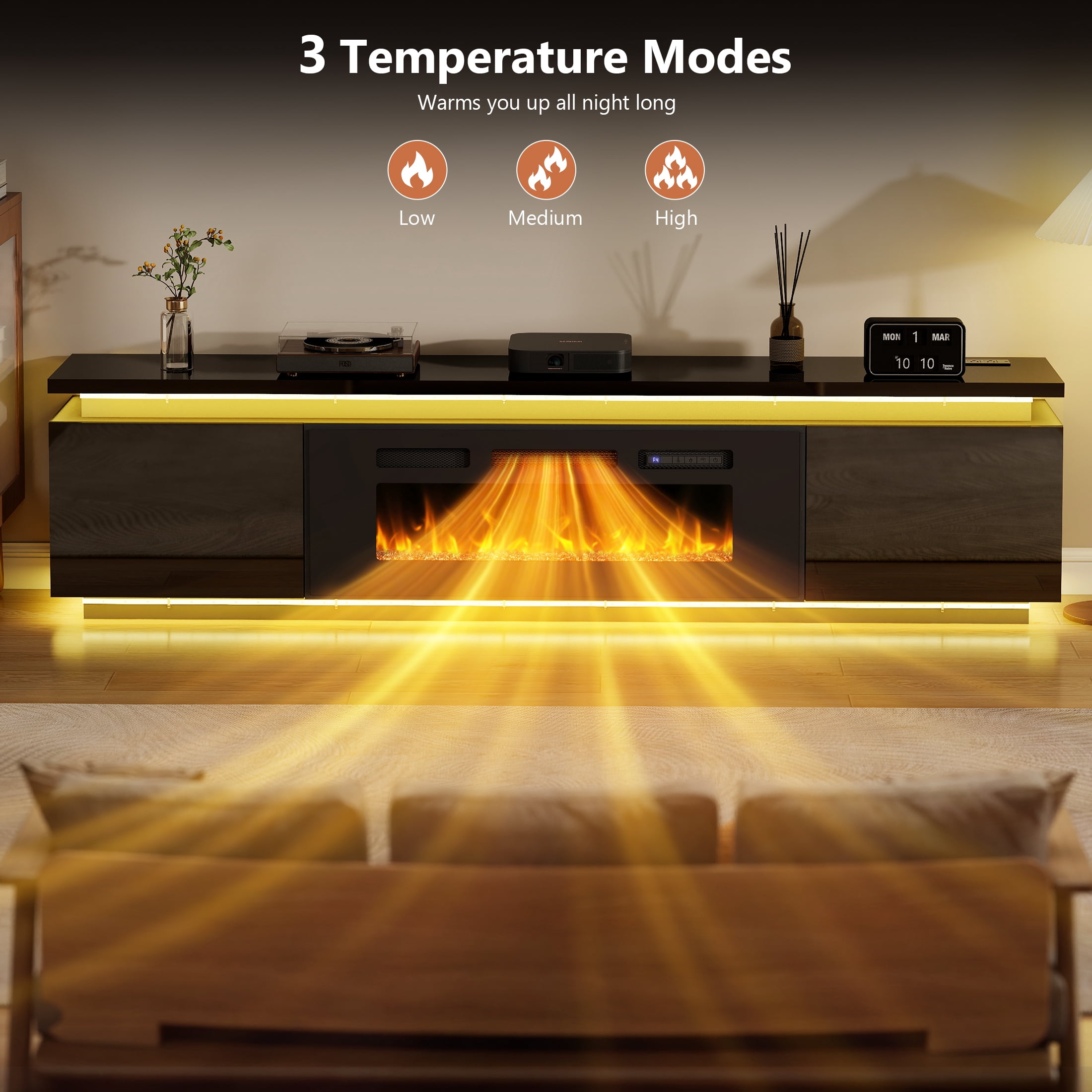 Anrist Electric Fireplace TV Stand for TVs up to 95" with LED Lights & 4 AC Power Outlets, TV console for Living Room, Black, Ship in 2 Boxs