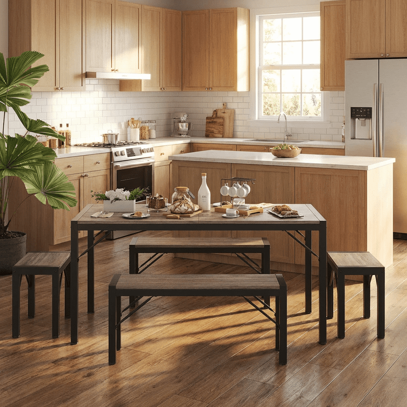 Aiho 63" 6-Seater Dining Set with 2 Stools & 2 Benches, Wood & Metal, Compact for Small Spaces/Breakfast - Gray