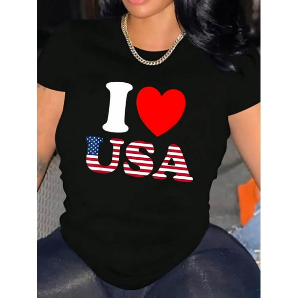 Camiseta Ligera de verano para mujerCreative English Love Flag Pattern Print Women's Fashion Trendy Round Neck Short Sleeve, Simple Casual Sports T-shirt, Comfortable Holiday Summer Top Women's Clot