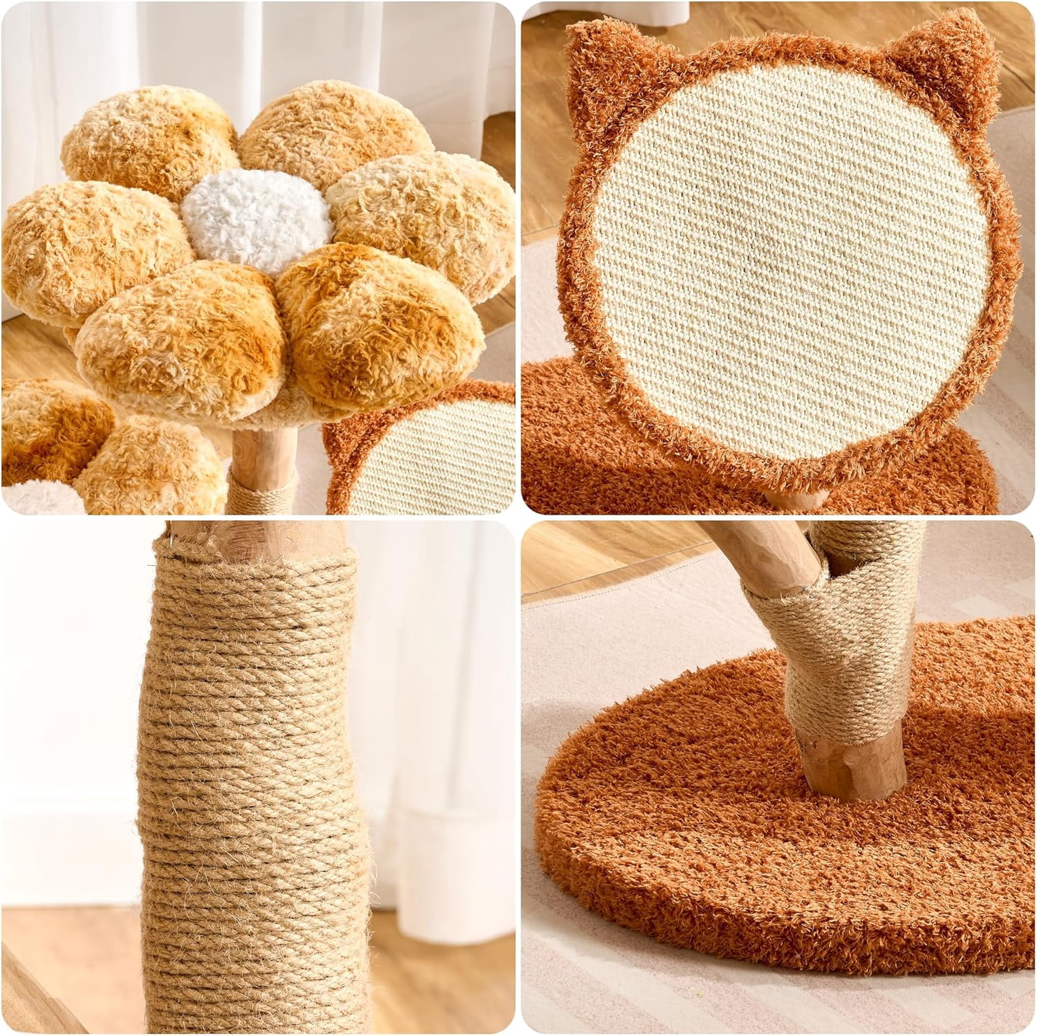 Modern Natural Solid Wood Cat Tree Tower for Indoor Cats Large Adult, 30 inch Flower Cat Tree with Scratching Post, Luxury Aesthetic Cat Tree with Cloud-Soft Flower Perches and Sisal Scratching Pad