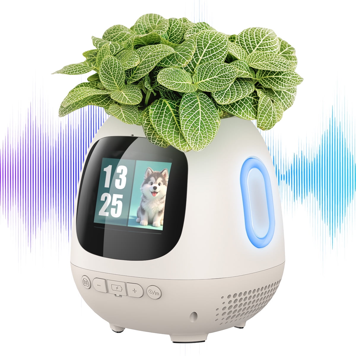 W & O Y1 Smart Music Flower Pot with Bluetooth Speaker, AI Interactive Expression Display, Rechargeable Desktop Planter for Home and Office - White