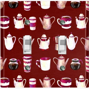 Metal Light Switch Wall Plate Outlet Cover (Coffee Mocha Espresso Tea Pot Kettle Maker Festive Cup Maroon - Double Toggle)