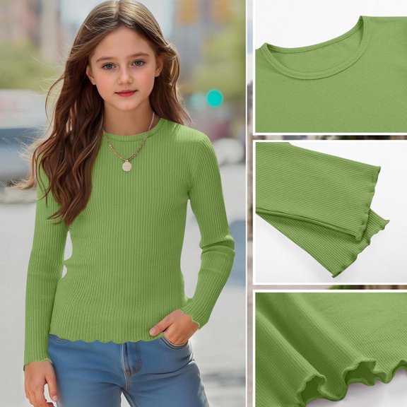 CLOISE Soft Long Sleeve Shirts for Kids Girls Boys Tops Crewneck Casual Pullover Ribbed Knit Solid Color Blouses Green