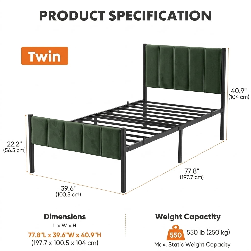 LEDREM Twin Size Metal Bed Frame with Upholstered Headboard and Footboard, 12.4-Inch Underbed Clearance, 550 lb Capacity, Easy Assembly, Forest Green