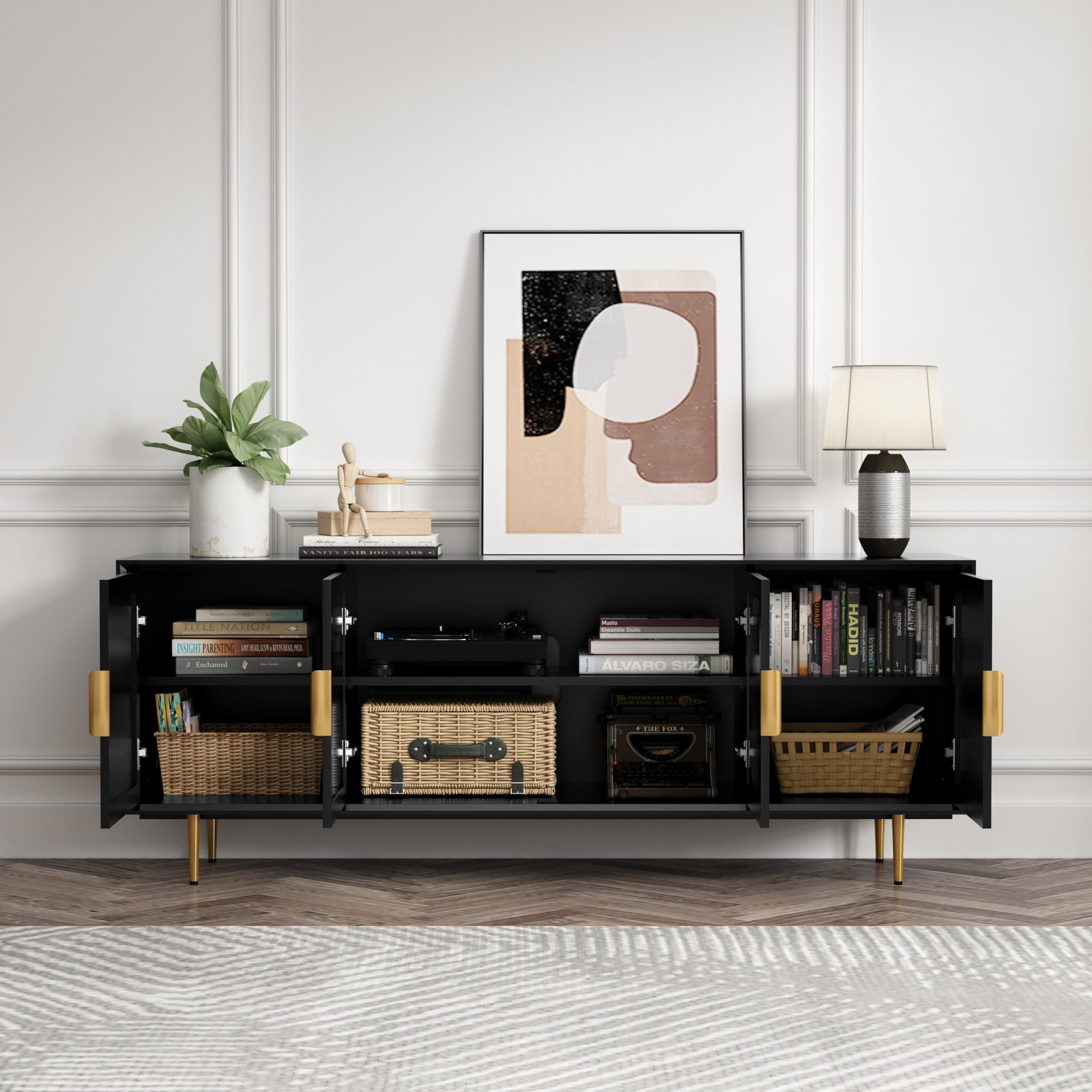 HLR Black TV Cabinet with Glass Doors & Gold Feet for TVs up HLR Black TV Cabinet with Glass Doors & Gold Feet for TVs up