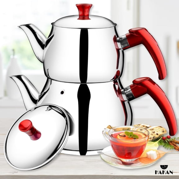 Teapot Set 107 Oz with Self Strainer Double Lids, Stainless Steel Maxi Double Bondy Tea Pot Set 3.2 L, 3.3-Quart, Turkish Samovar Style, Tea Kettle for Loose Leaf Tea with Red Bakelite Handle
