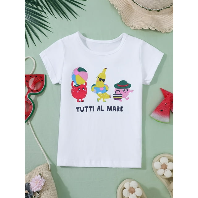 Camiseta blanca de manga corta de verano para niña hecha de algodón puro, con cuello redondo y estampados aleatorios de letras de frutas de dibujos animados, perfecta para actividades al aire libre.