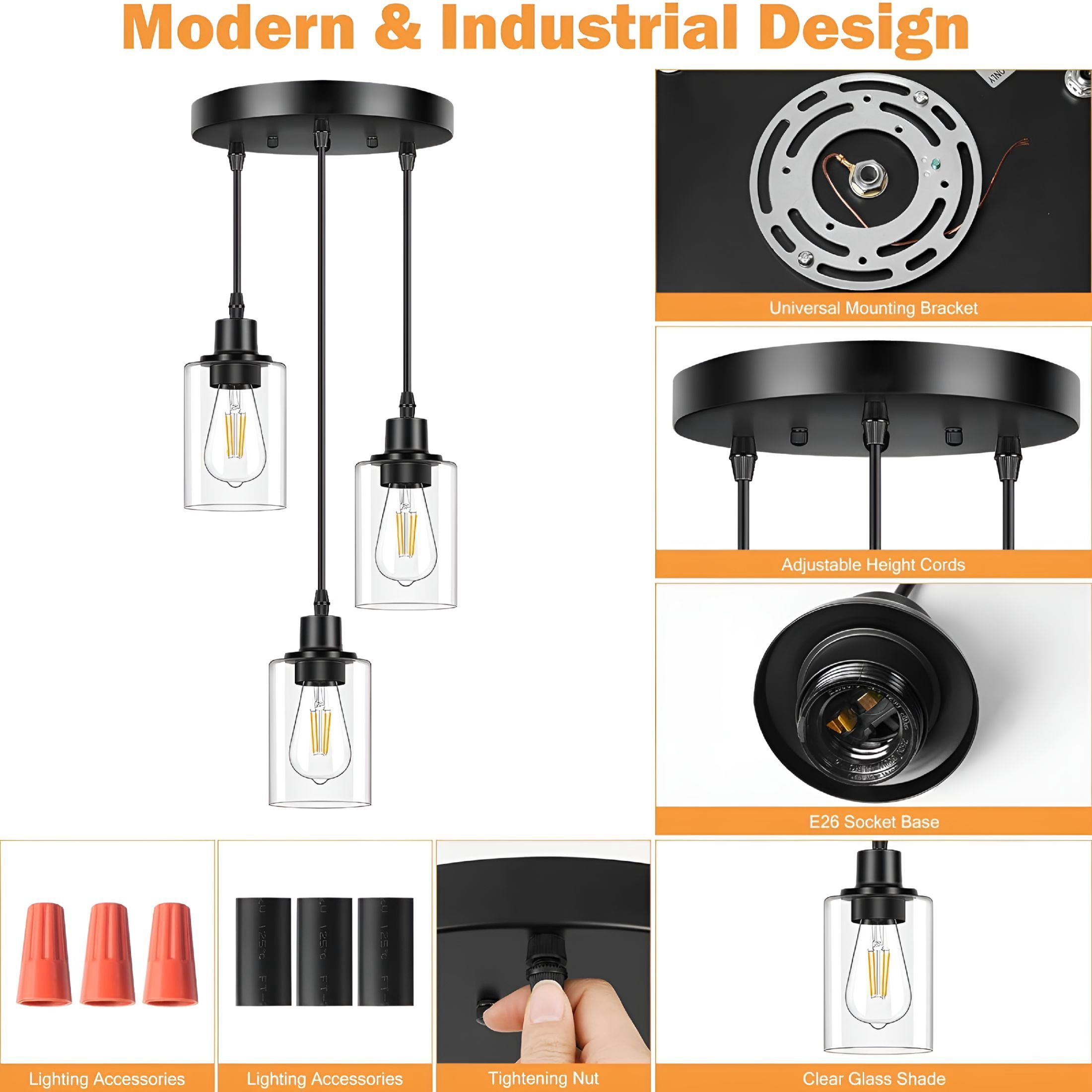 HIBIBUD 2026 New 3-Light Pendant Light Fixtures Cluster Pendant Kitchen Island Pendant Lighting with Clear Glass Shade Hanging Light Fixtures with Adjustable Cord for Dining Room,Hallway,Living Room