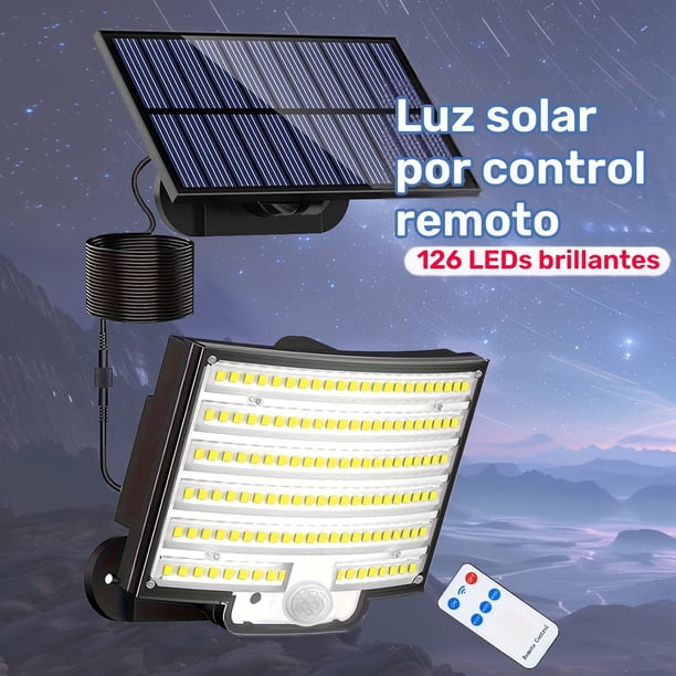 Una sola lámpara solar para exteriores equipada con modo de sensor de movimiento, con 126 luces LED. Esta lámpara de pared es adecuada para porches y jardines, ofrece tres modos de iluminación,