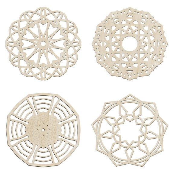 Mandala Wooden Wall Art Set of 4, Trellis Geometric Boho Motif Ethnic, Birch Wood Plywood Rustic Wall Art Accent for Hallway Bedroom Living Room and Offices, 11,4" X 11,4" X 0.1", by Ambesonne
