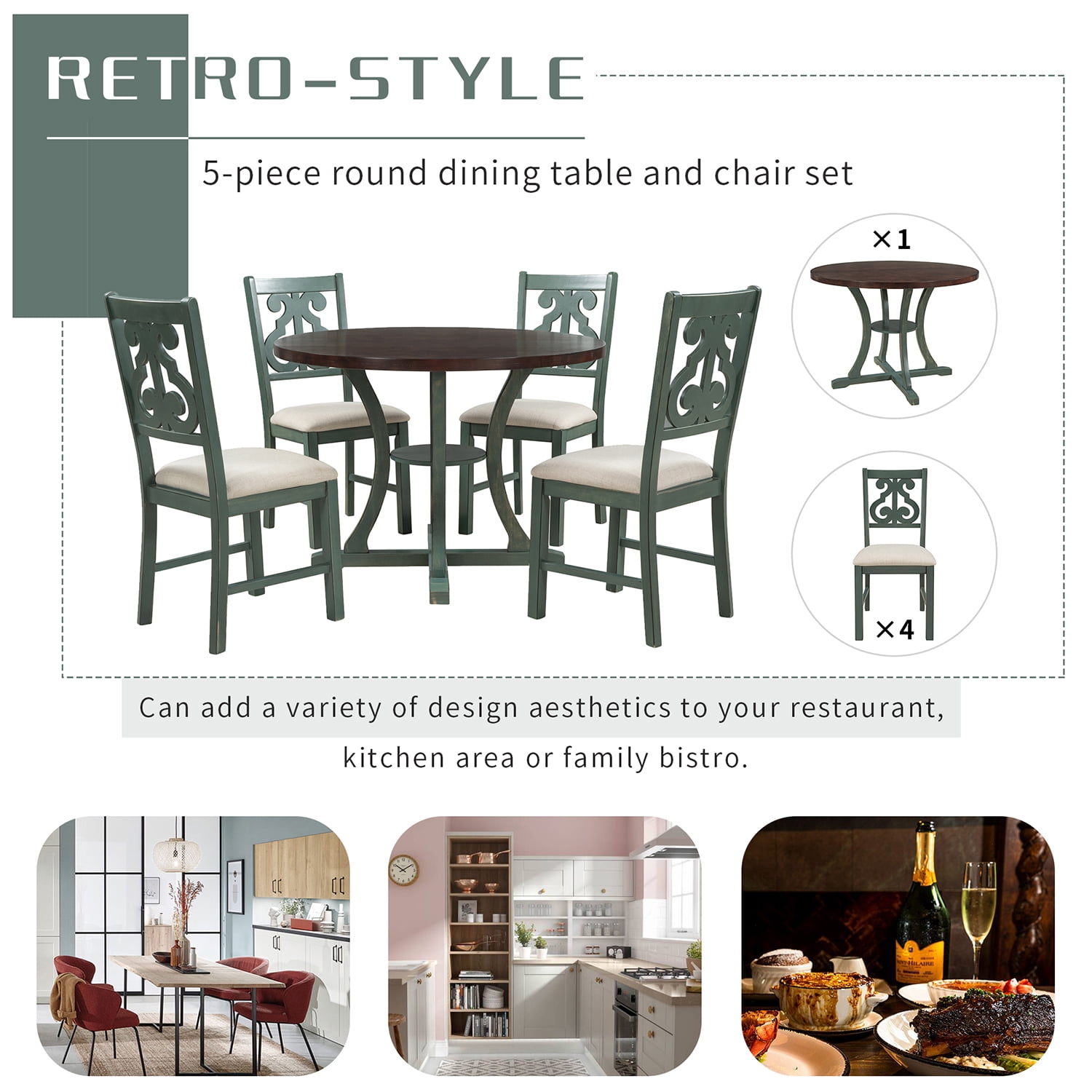 Kepooman 5-Piece Round Dining Table and Chair Set, Dining Table Set for Dining Room, Compact Kitchen Table Set for Home, Antique Blue Kepooman 5-Piece Round Dining Table and Chair Set, Dining Table Set for Dining Room, Compact Kitchen Table Set for Home, Antique Blue