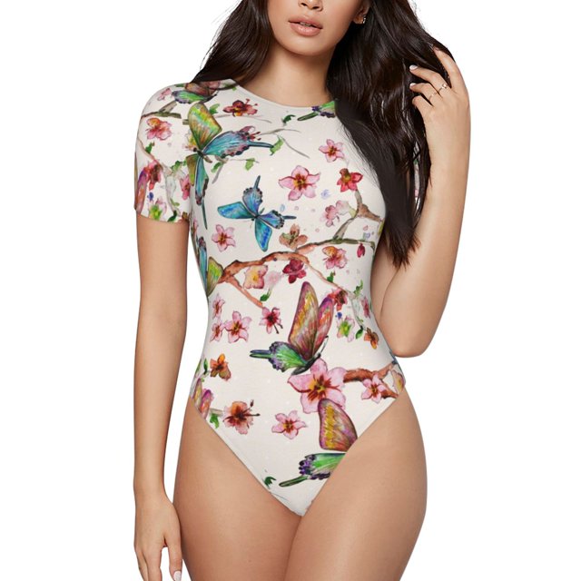 Fotbe Watercolor Floral With Butterflies Body de Mujer con Cuello Redondo y Mangas Cortas, Sin Mangas Ajustado, Suave, Cómodo y Básico-XX-Large
