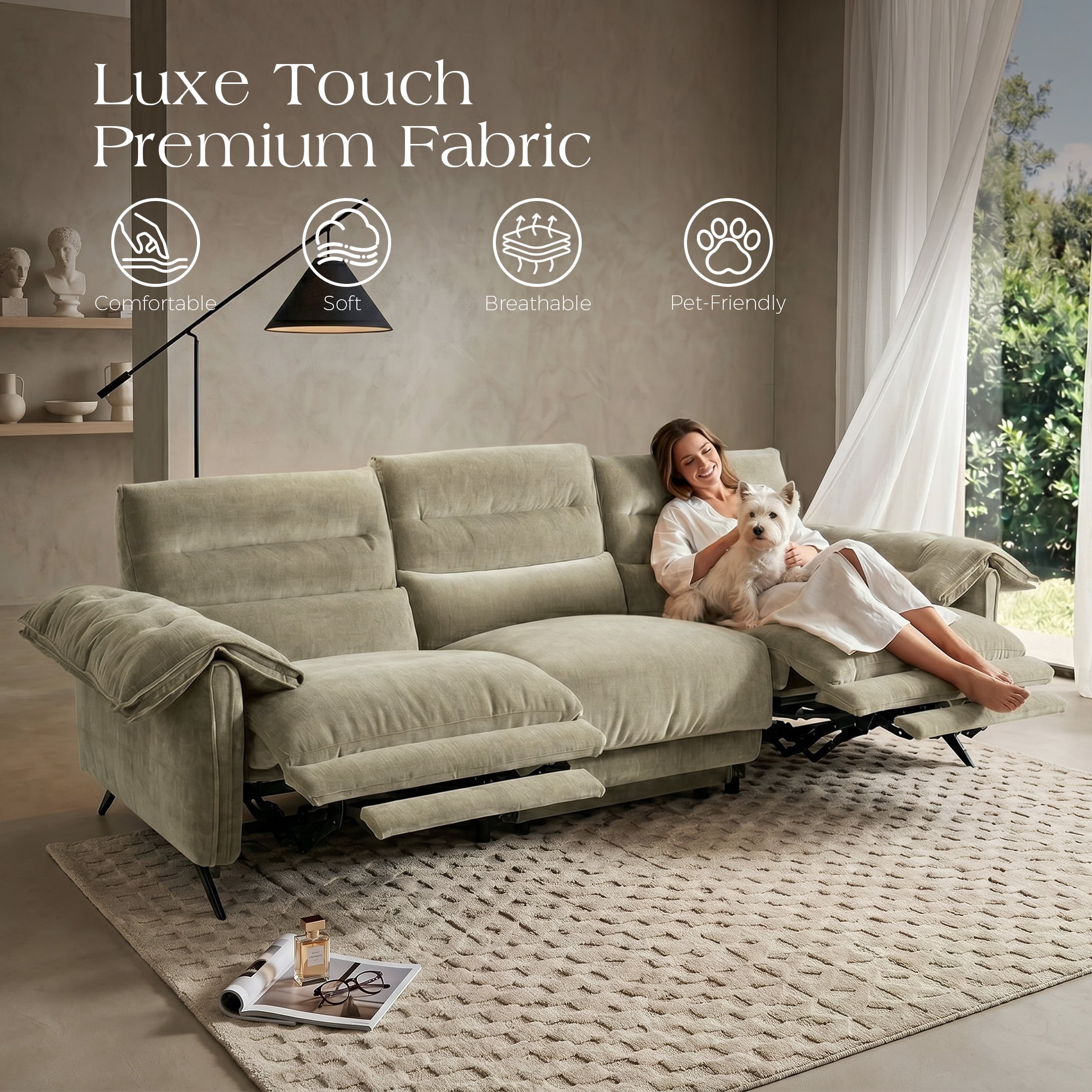 Aenkyo 108" Oversized 3-Seater Power Reclining Sofa with USB Ports and Footrest, Taupe