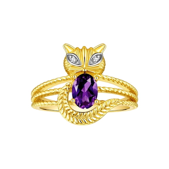 RYLOS Rings for Women 14K Gold Plated Silver CAT Ring 7X5MM Oval Gemstone &  Sparkling Diamonds February Amethyst Jewelry Size 5