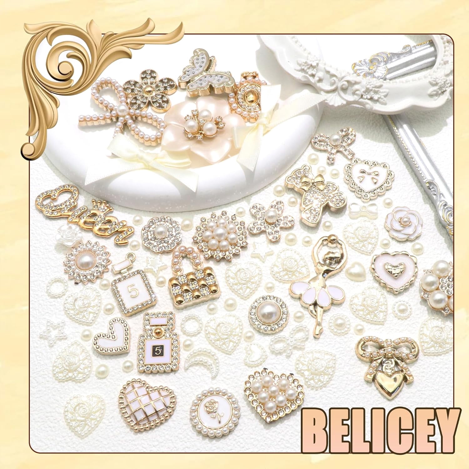 NestE- Junk Case Charms Elegant Flower Butterfly Charm for Phone Case 3D Bow Heart Bear Junk Phone Case Kit Flatback Pearls Rhinestone for Customizing DIY Craft Accessories