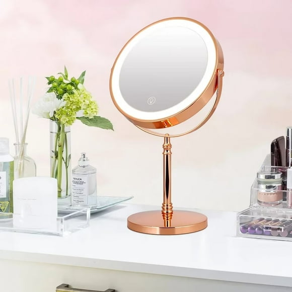 Miroir de Maquillage Éclairé Rechargeable de 8", 1 Miroir de Courtoisie Grossissant 10X avec 54 Lumières LED et 3 Couleurs Réglables, Gradation par Capteur Tactile, Miroir Cosmétique Double Face, Miroir Pivotant à 360°, Or Rose