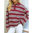 thumbnail image 6 of Oversized Striped Long Sleeve Rugby Shirts Women- V Neck Y2k Preppy Pullover Top Wine Red L, 6 of 10