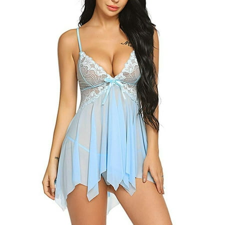 Qiaocaity Pajamas for Women  Women Lingerie Silk Satin Nightgown V-Neck Camisole Nightdress Lace Up Babydoll Nightwear Soft Sleepwear Full Slip Loungewear  Gifts for Women  Light Blue  XXL