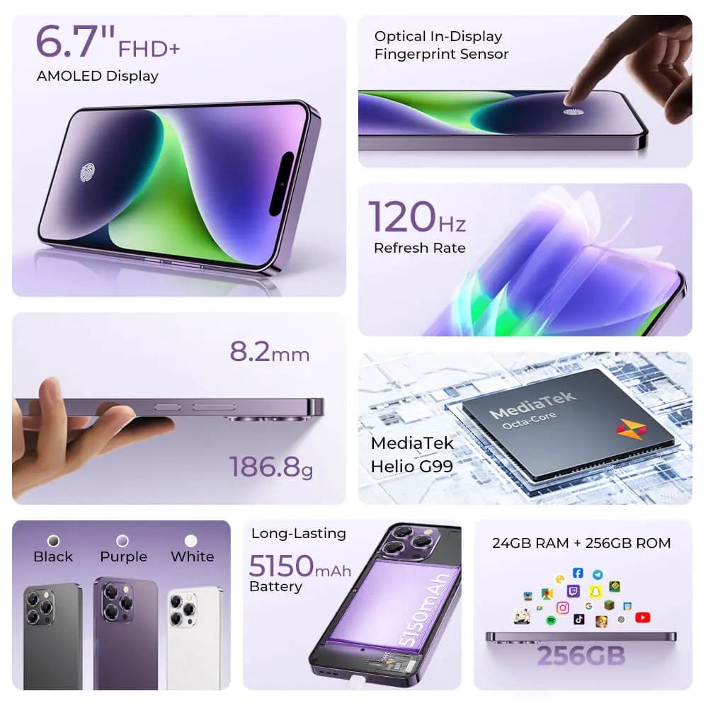 OUKITEL P1 Unlocked Phones 6.7 Inch FHD+ AMOLED 120Hz Display Mobile Phone 24GB + 256GB/2TB 50MP Camera SmartPhone ,5150mAh Fingerprint/OTG/NFC/4G Dual SIM/GPS