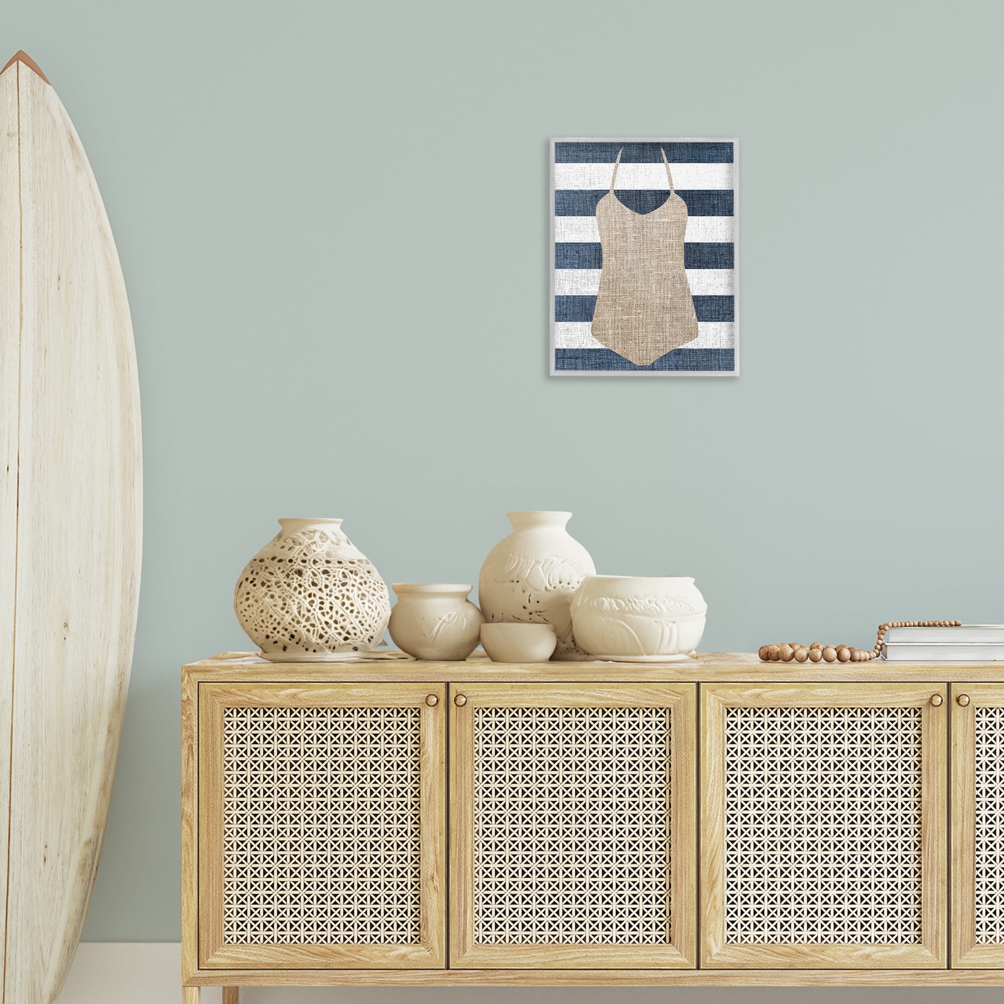 Stupell Industries Swimsuit on Stripes Beauty & Fashion Painting Gray Framed Art Print Wall Art, 16 x 20