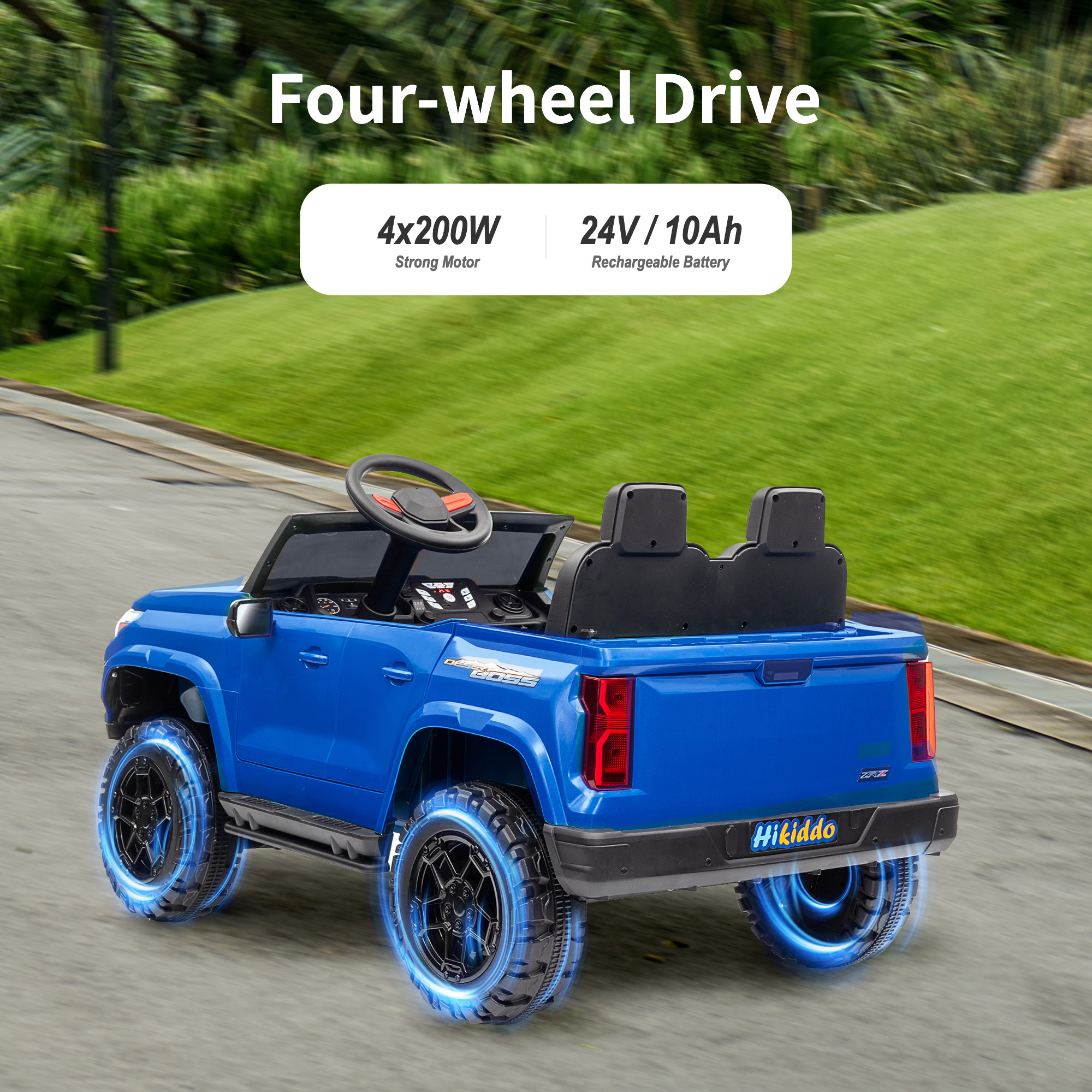 Hikiddo 4WD 2-Seater Electric Car for Kids, 24V 10Ah Ride on Toys Truck for Big Kids w/ Remote, 4x200W Motor - Blue