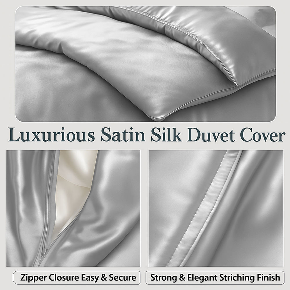 Amay Satin Silk Queen Duvet Cover Set (90"×90",Silvery Grey ) – Luxurious Glossy Finish – Ideal for Master Bedrooms, Hotel-InspiSilvery Grey Décor – 3-Piece Set