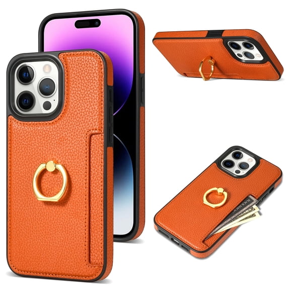 Wallet Case for iPhone 15 Pro Max, Shockproof PU Leather Credit Card Slot with Built-in Rotation Ring Holder Stand Protective Cover Case , orange