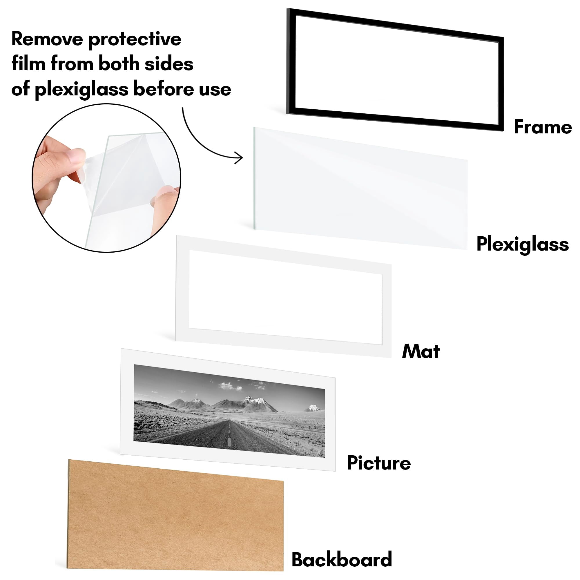 Americanflat 16x40 Picture Frame with Polished Plexiglass - Set of 5 - Use as 12x36 Frame with Mat or Display 16x40 Photo Without Mat - Galleria Collection - Picture Frames for Wall Display - Black