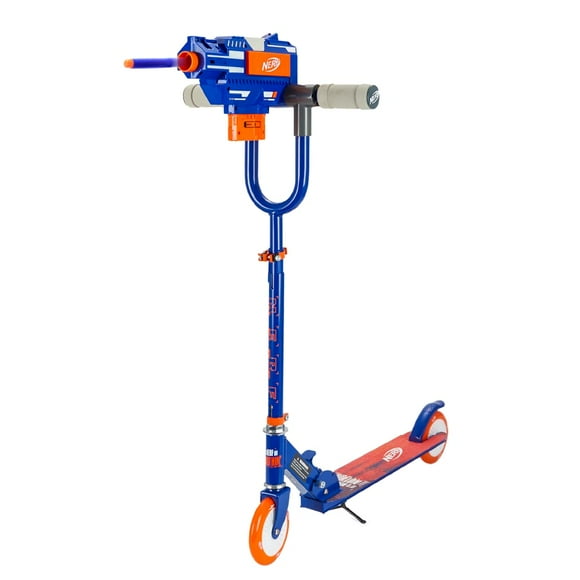 NERF Kick Scooter for Kids, Dual Barrel Blaster Fires Up to 40 Feet, Supports Up to 150lbs, Rear Brake, Sturdy Steel Frame, Wide Surface Textured Molded Deck,