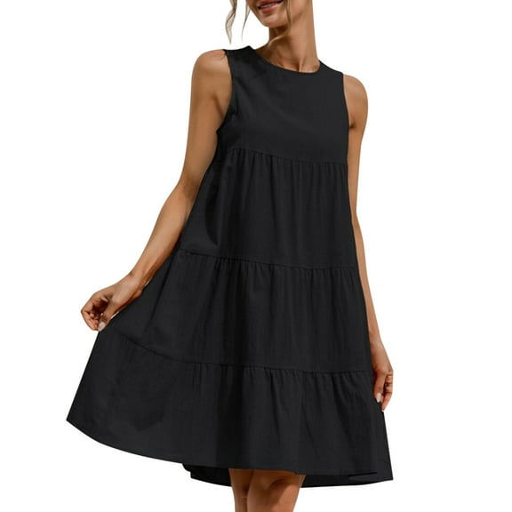 Women's Casual Sleeveless Round Neck Pleated Mini Dress A-Line T-Shirt Style Summer Outfit Comfortable Stretchy Flowy