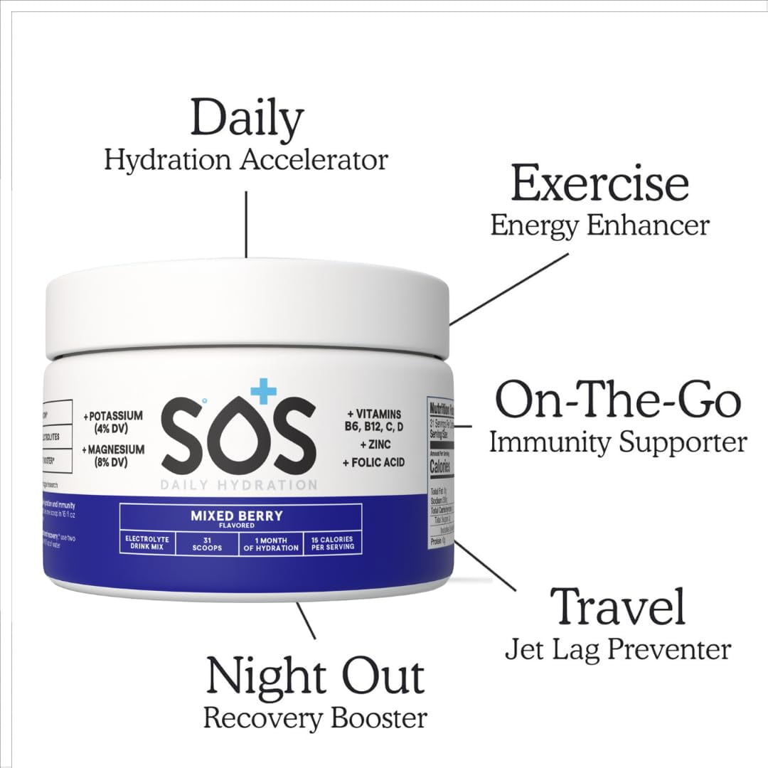 SOS Hydration Daily Electrolyte Drink Mix, Mixed Berry, 31-Serving Tub, Low Sugar, Vitamins B6 B12 C D, Potassium Magnesium Zinc