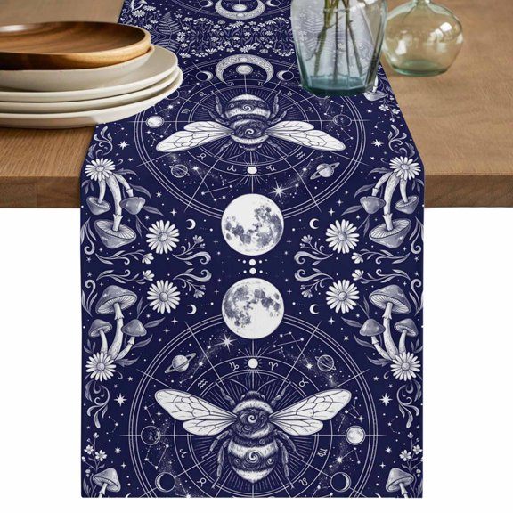 Navy Blue Bee Table Runner 70 Inches, Retro Chic Moon Star Mushroom Flowers Bed Runner Dresser Scarves Tabletop for Indoor Outdoor Parties/Ceremony/Banquet, 13" x 70"