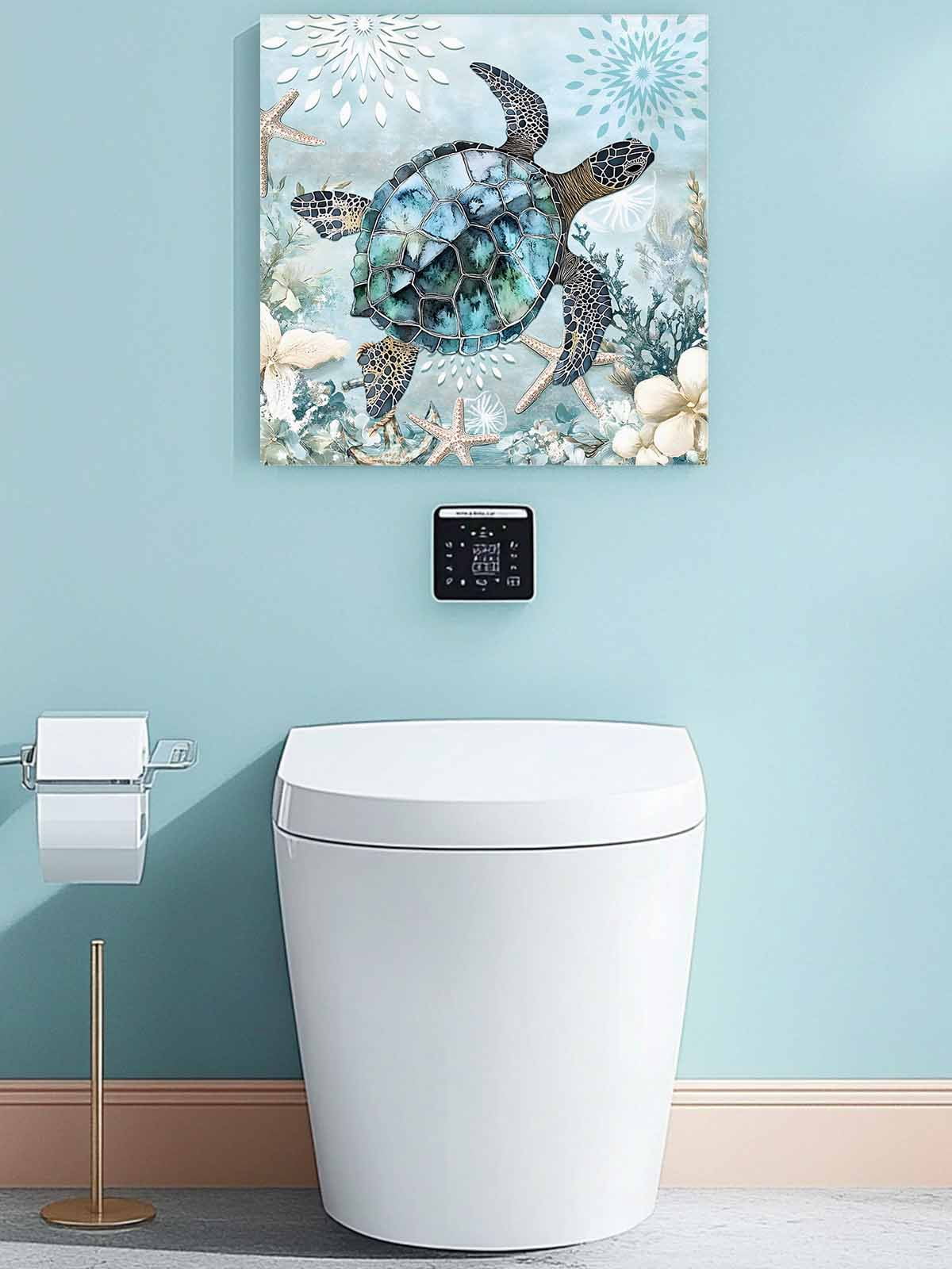Ocean Turtle Canvas Wall Art, Marine Life Starfish Coral Retro Framed Wall Decor Modern Artwork Prints Painting for Living Room, Bedroom, Kitchen & Cafe Decor 16x16 Inch