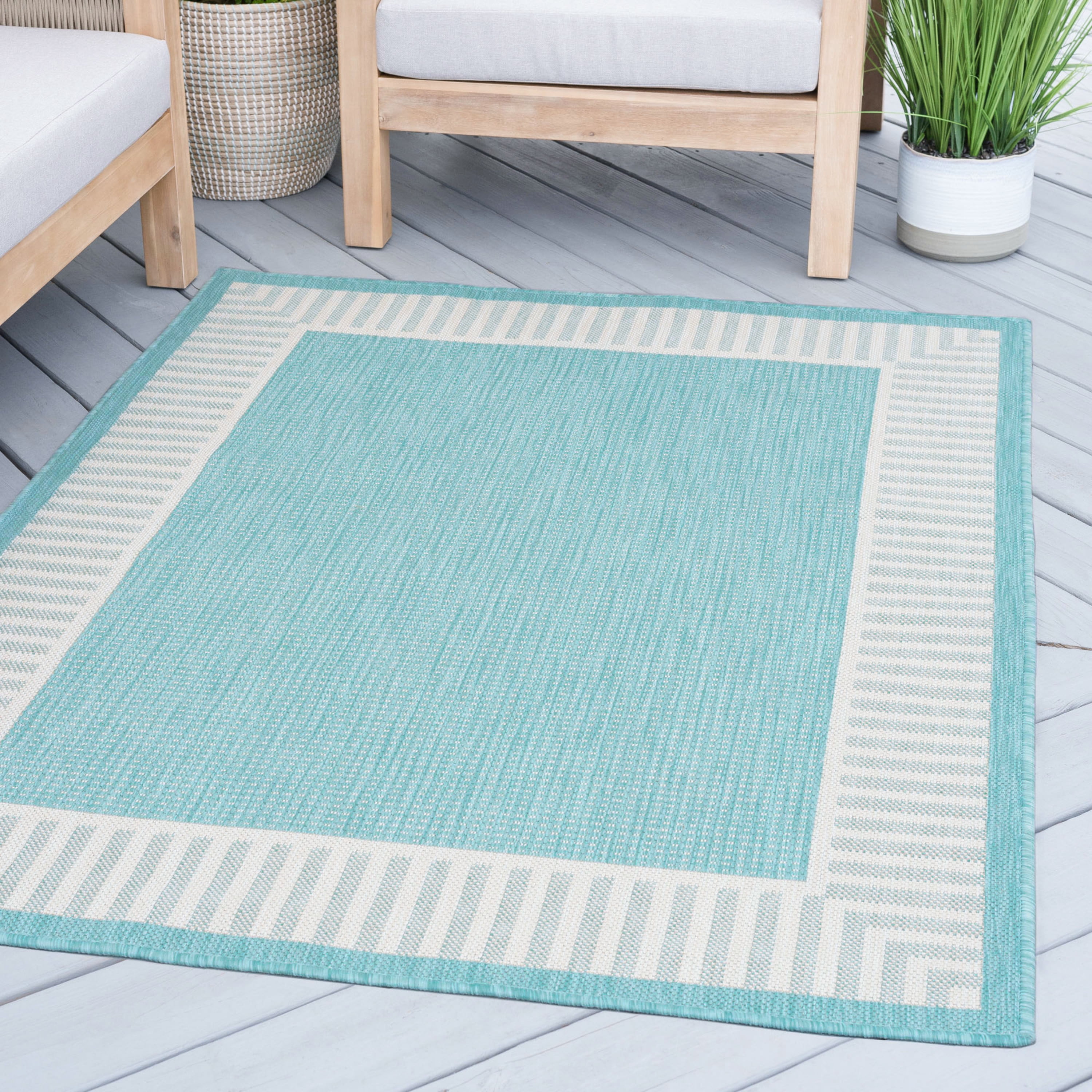 Bliss Rugs Striped Border Indoor Outdoor Rug Low-Profile Floor Mat for Patio, Entrance, Front Door |Aqua, 2' x 3'