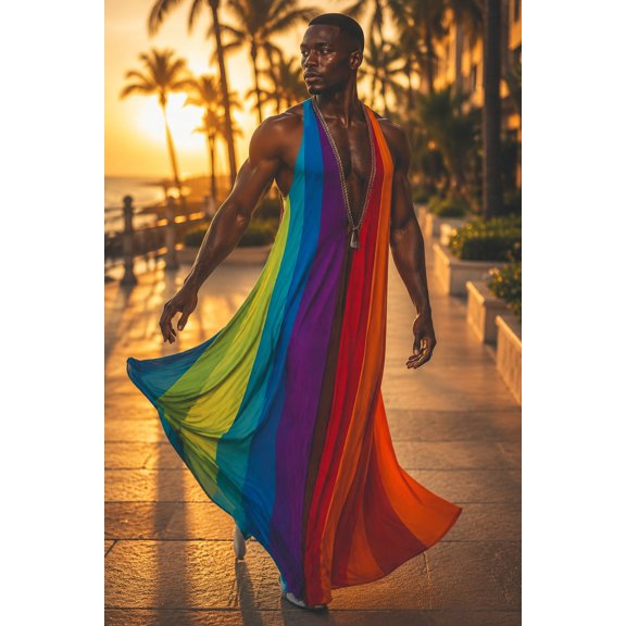 Men's Rainbow Sheer Beach Kaftan with Sleeveless and Maxi Length for Vacation, Beach and Party Wear