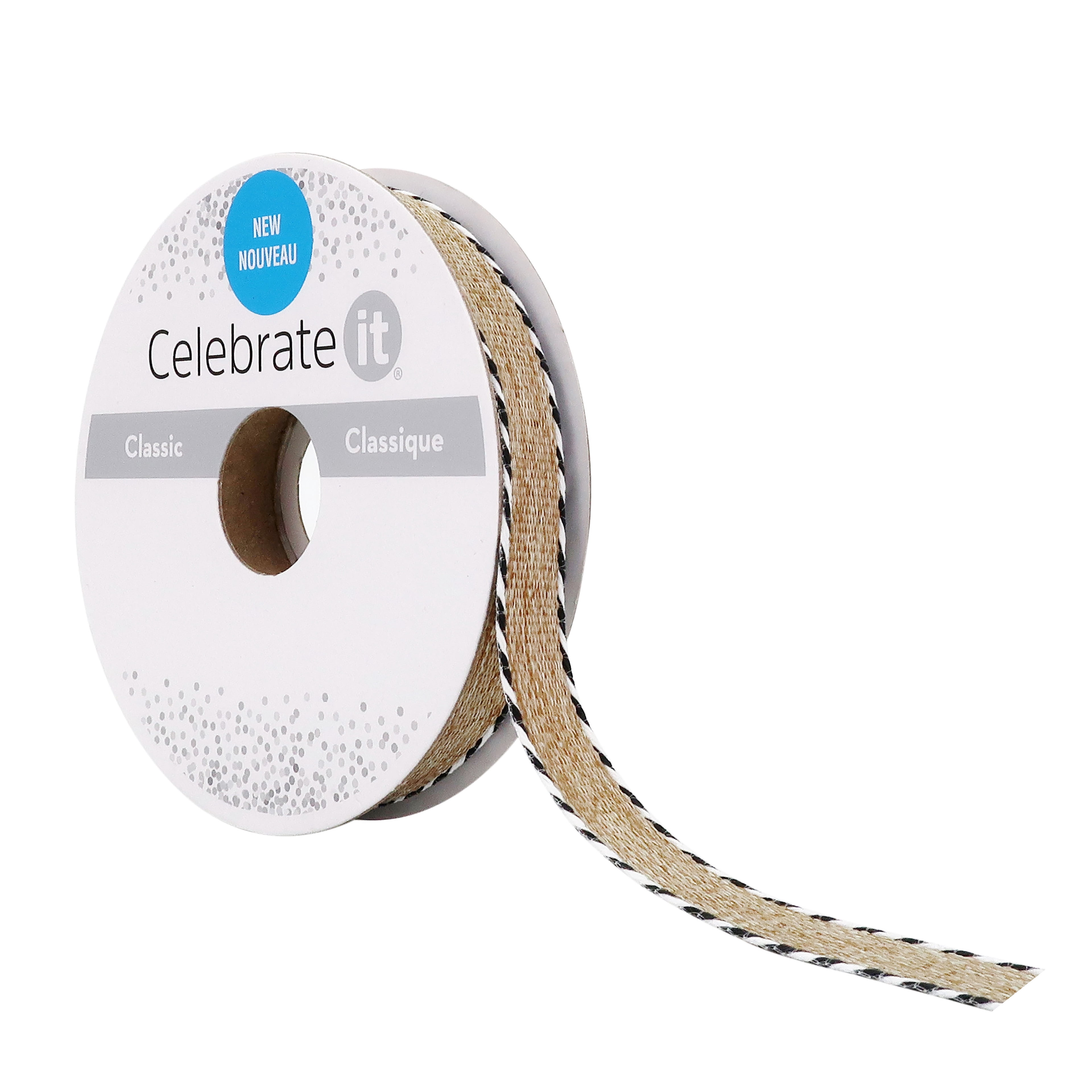 Celebrate It 3/8" x 7yd. Linen Twist Edge Ribbon - Natural with Black & White Edges, Non-Wired Woven Selvage, Ideal for Gift Wrapping & Decor, 12 Pack