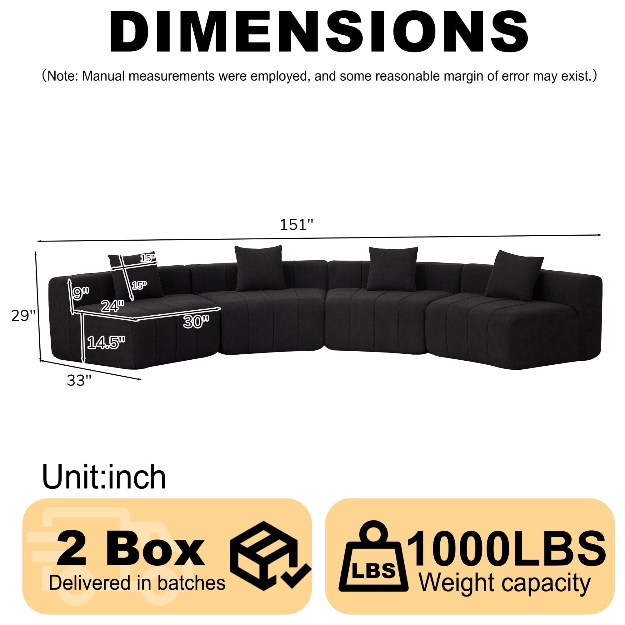 Sailvan Curved Sectional Sofa, Modular Semi Circular Chenille Couch with 4 Pillows, No Assembly Symmetrical Cloud Sofa for Living Room Black