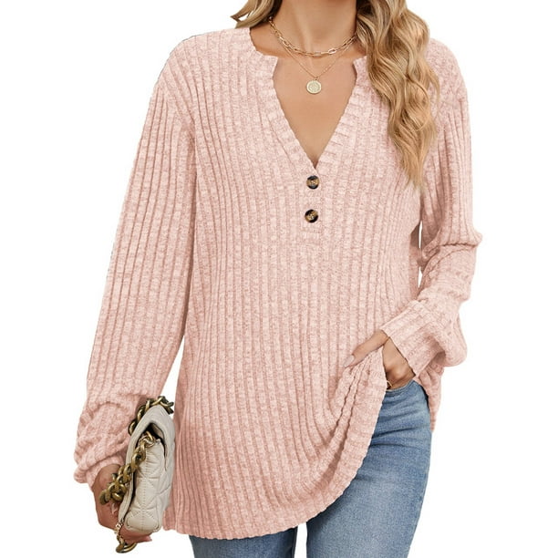 Camisa Henley de Larga para Mujer, Cuello en V, Suéteres Casuales Elegantes, Ropa de Moda para Otoño. Rosa S