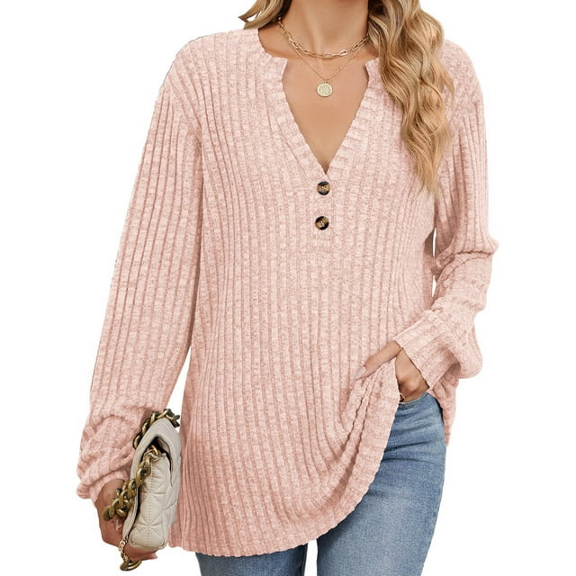 Camisa Henley de Larga para Mujer, Cuello en V, Suéteres Casuales Elegantes, Ropa de Moda para Otoño. Rosa S