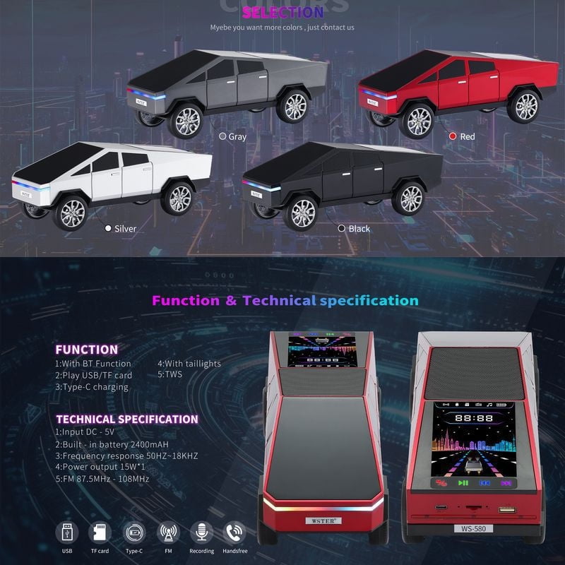 WS580 pickup truck model car mounted Bluetooth speaker - supports wireless Bluetooth connection - TypeC charging USB flash drive TF card playback/high quality heavy bass