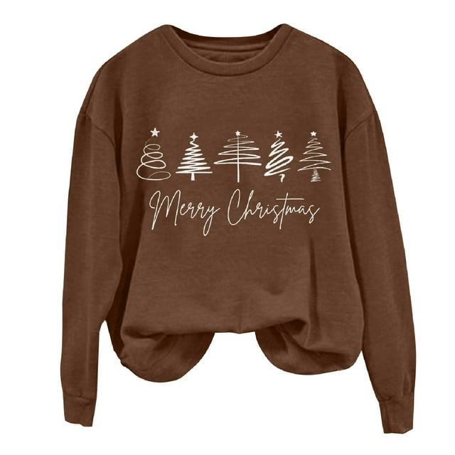 EHQJNJ Chandails en Molleton Graphiques pour Femmes Hiver Femmes Noël Manches Longues Col Rond Mode Décontractée Hiver et Automne Pull Chandails en Molleton Col Rond Femmes Graphique Café