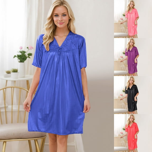 Oksale Cooling Silk Nightshirts for Women Trendy Pleated Front Midi Nightgowns Casual V Neck Short Sleeve Loungewear for Holiday 2025 Watermelon Red Free Size