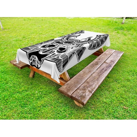 

Japanese Outdoor Tablecloth Vintage Ancient Experienced Japanese Mask with Royal Lines and Shapes Design Decorative Washable Fabric Picnic Tablecloth 58 X 120 Inches White Black by Ambesonne