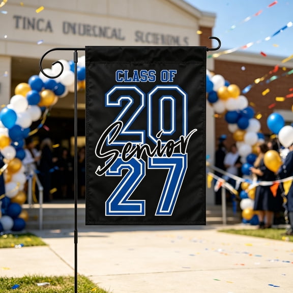Class of 2027 Graduation Garden Flag Banner, Blue White School Themed Outdoor Decor Flag for Yard Porch Courtyard, 2027 Senior Graduation Party Decor for Celebration Photo Commemoration Events