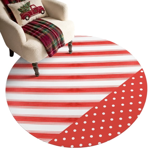 Red White Diagonal Stripe Washable Round Area Rug 5 ft, Minimalist Christmas Polka‑Dot Soft Non‑Slip Rugs Stain Repellent Indoor Mats for Living‑Room Corner, Breakfast Nook, Sunroom
