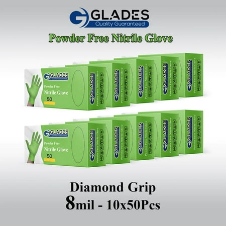 

GLADES™ GREEN HEAVY DUTY NITRILE GLOVES 8 MIL DIAMOND GRIP POWDER FREE
