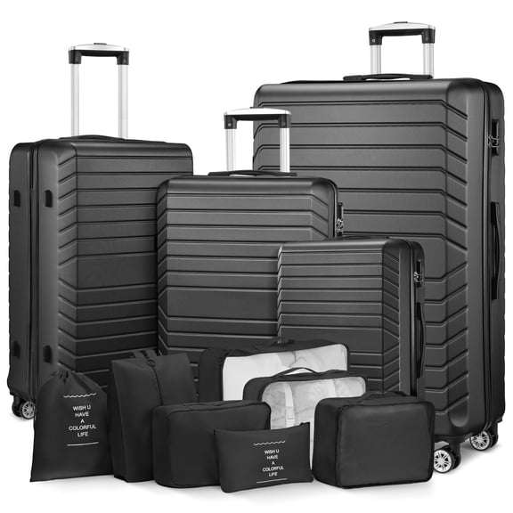 Gowill 4 Piece Luggage Sets with 7 Pieces Organizer Bags, 20/24/28/32 inch ABS Carry-on and Checked Suitcase Large Travel Sets, Black