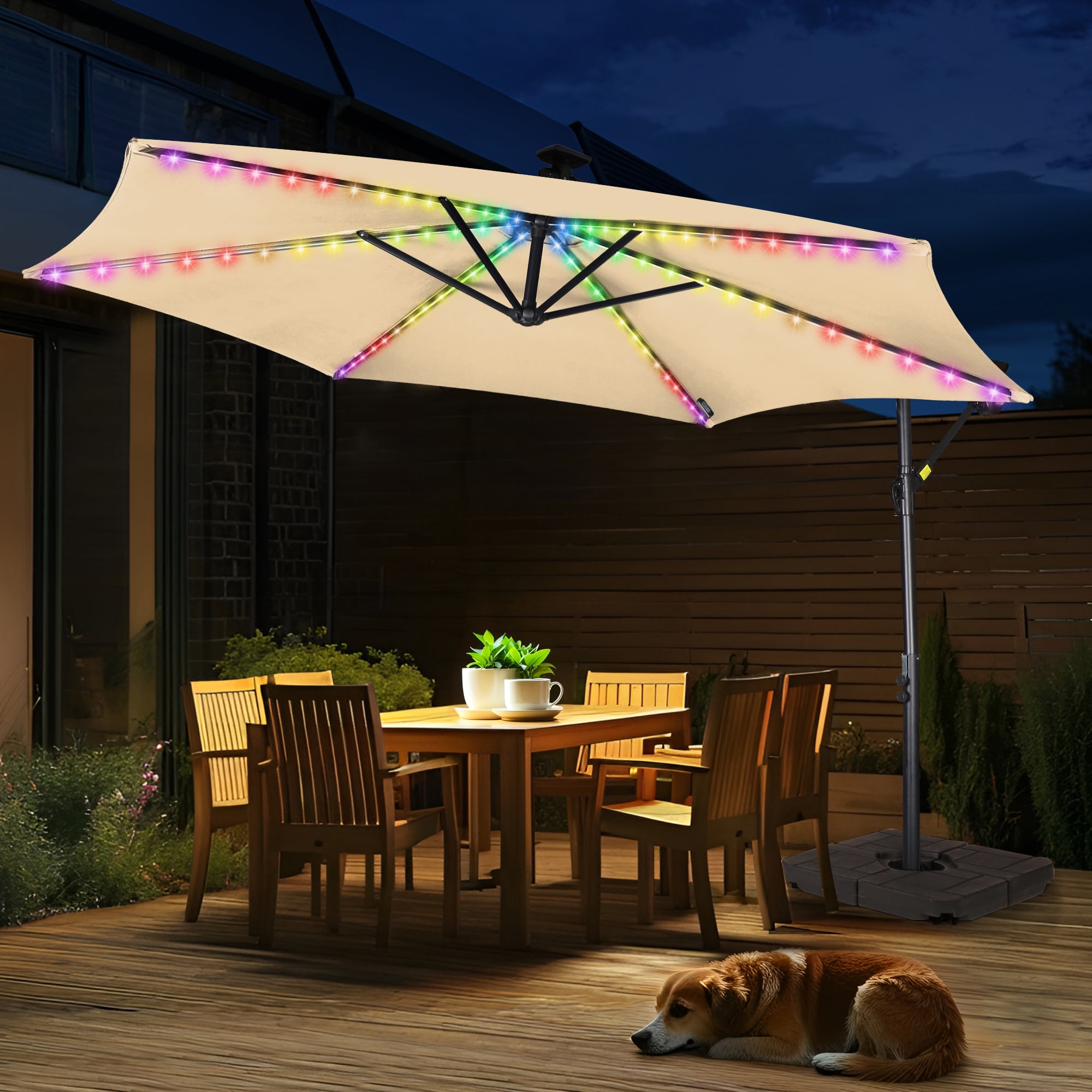 Scafild | 10 ft Colorful Lighted Cantilever Offset Hanging Outdoor Patio Umbrella W/ Easy Tilt - Off-white