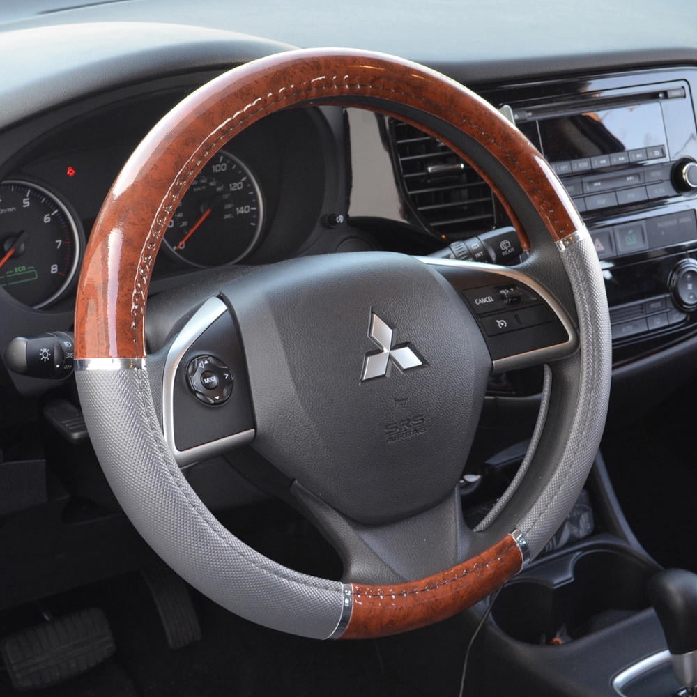 BDK Dark Wood Grain Steering Wheel Cover for Car, SUV, Van, Premium Syn Leather, Gray,Beige Black Wood